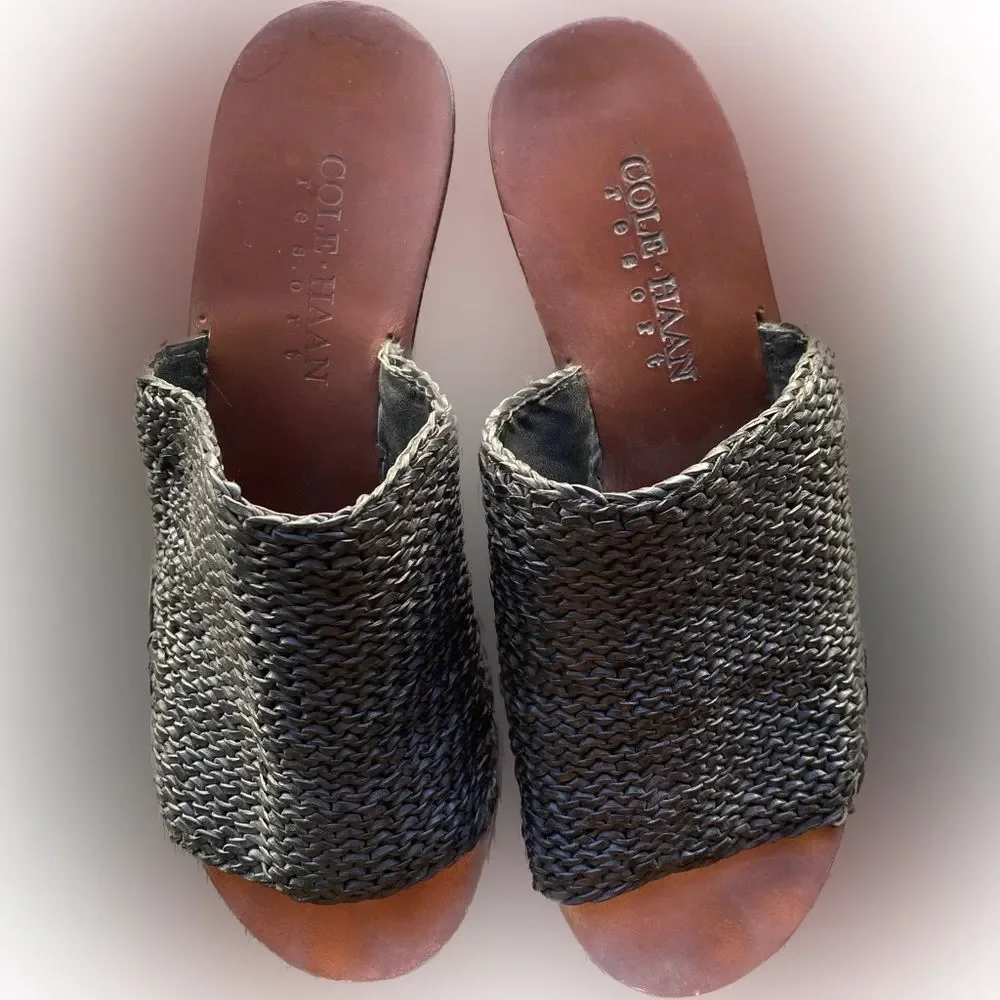 Vintage Cole Haan Resort Braided Woven Black Brown Leather Wedge Sandals 7M